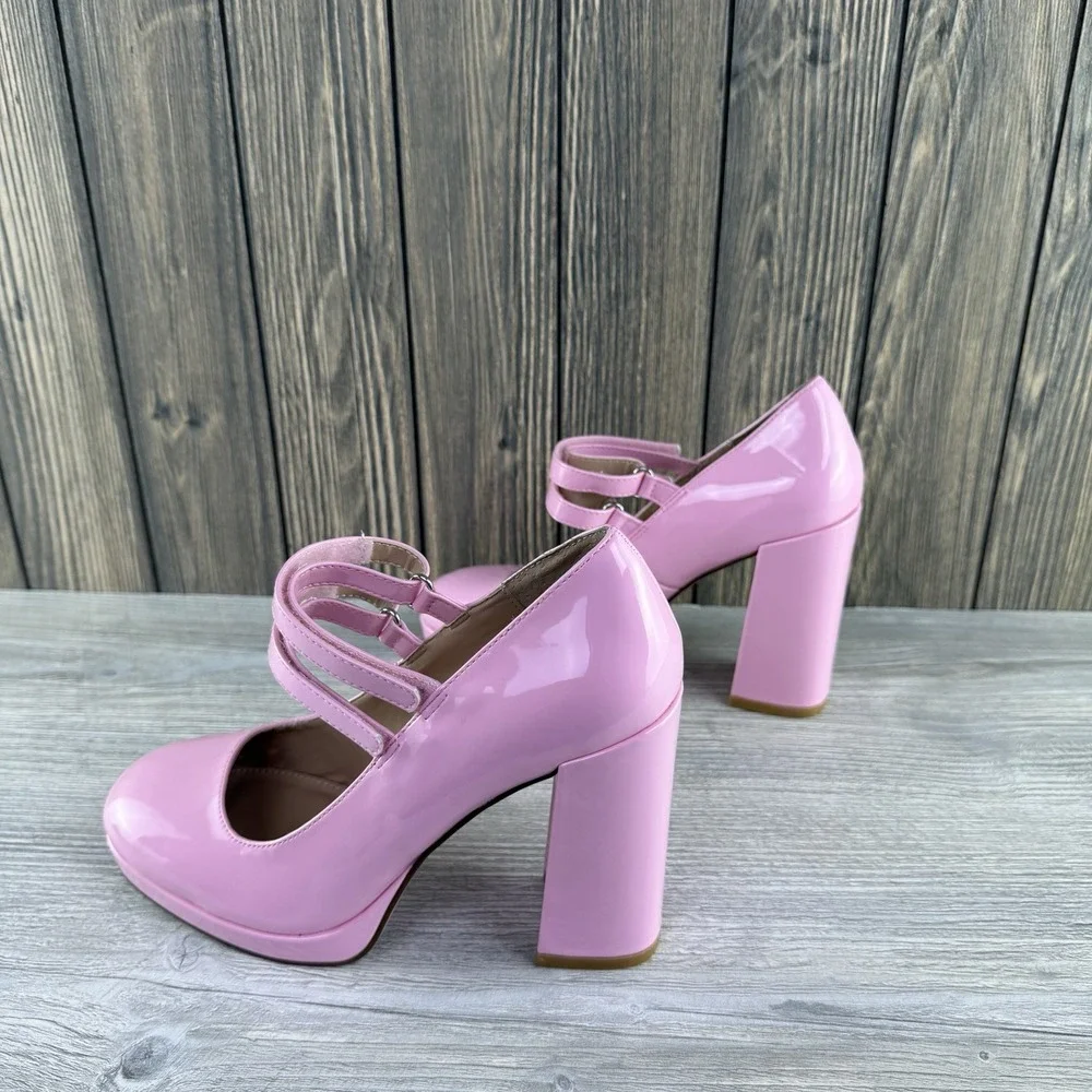 Steve Madden Womens 7.5 Pink Patent Mary Jane Platform Block Heel Pumps